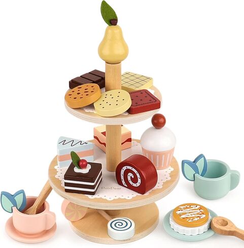 PairPear Wooden Tea Set for Little Girls, Wooden Toys Toddler Tea Set Play Kitchen Accessories for Kids Tea Party with Play Food. in Kuwait