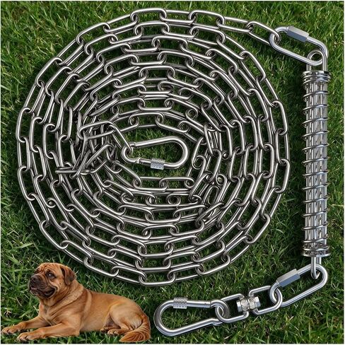 Heavy Duty Dog Tie Out Chain with Shock Absorbing Spring, 25ft 304 Stainless Steel 4MM(5/32") Chew Proof Cable Lead for Medium/Large Dogs up to 200lbs, Rust-Resistant Outdoor Runner for Yard, Camping in Saudi Arabia