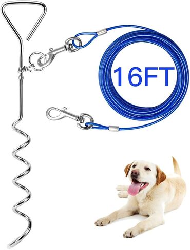 EvilplanDog Tie Out Cable and Stake, 16ft Outside Dog Leash&Chain for Camping and Yard, 16'' Heavy Duty Anti Rust Spiral Stake for Medium-Large Dogs Up to 125 lbs in Kuwait