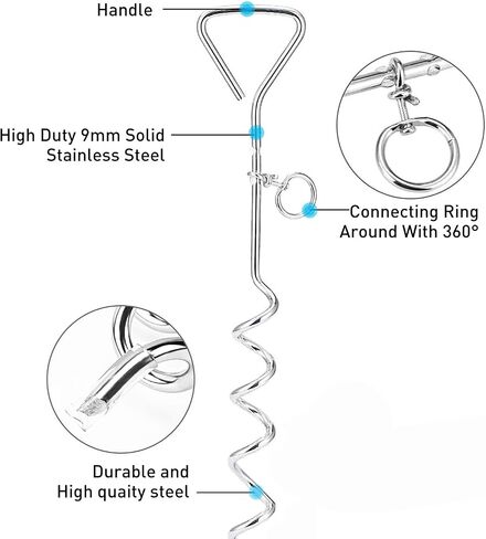 EvilplanDog Tie Out Cable and Stake, 16ft Outside Dog Leash&Chain for Camping and Yard, 16'' Heavy Duty Anti Rust Spiral Stake for Medium-Large Dogs Up to 125 lbs in Kuwait