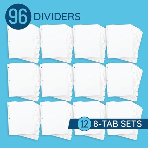 Blue Summit 3 Ring Binder Dividers with Tabs, Reinforced Edge, 1/8 Cut Tabs, 96 Dividers, Letter Size, 3 Hole Punch Section Index Dividers for Binders, White, 12 Sets in Kuwait