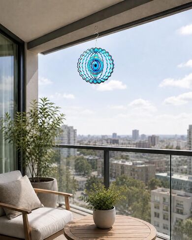 SAC SMARTEN ARTS 3D Wind Spinner Mandala 10 Inch Evil Eye Stainless Steel Wind Sculpture Blue Hanging Ornament Laser Cut Metal Art for Indoor Outdoor Garden Decoration Protective Amulet for Home Yard in Saudi Arabia