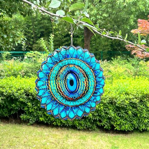 SAC SMARTEN ARTS 3D Wind Spinner Mandala 10 Inch Evil Eye Stainless Steel Wind Sculpture Blue Hanging Ornament Laser Cut Metal Art for Indoor Outdoor Garden Decoration Protective Amulet for Home Yard in Saudi Arabia