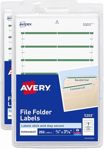 ملصقات مجلد ملف Avery على أوراق 4 بوصة × 6 بوصة، سهل القشر، أبيض/أخضر، طباعة أو كتابة، 2/3 بوصة × 3-7/16 بوصة، 252 ملصق (5203) in Kuwait
