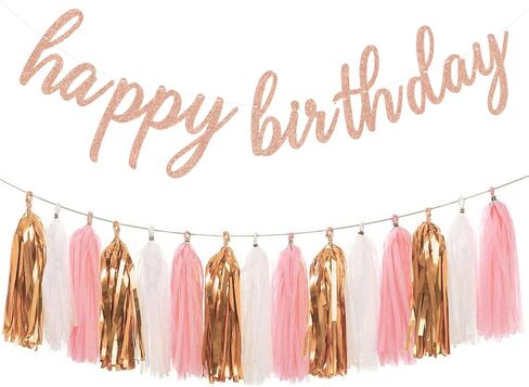 Aonor Rose Gold Birthday Party Decorations - Glittery Rose Gold Happy Birthday Banner and Tissue Paper Tassels Garland for Birthday Decorations in Kuwait