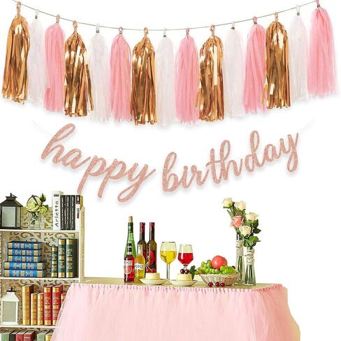 Aonor Rose Gold Birthday Party Decorations - Glittery Rose Gold Happy Birthday Banner and Tissue Paper Tassels Garland for Birthday Decorations in Kuwait