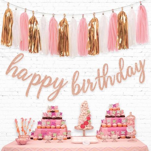 Aonor Rose Gold Birthday Party Decorations - Glittery Rose Gold Happy Birthday Banner and Tissue Paper Tassels Garland for Birthday Decorations in Kuwait