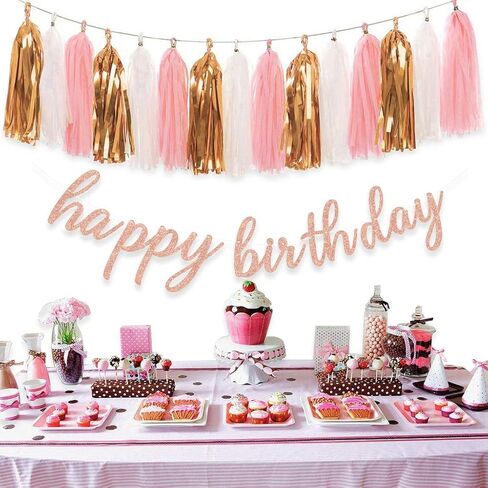 Aonor Rose Gold Birthday Party Decorations - Glittery Rose Gold Happy Birthday Banner and Tissue Paper Tassels Garland for Birthday Decorations in Kuwait