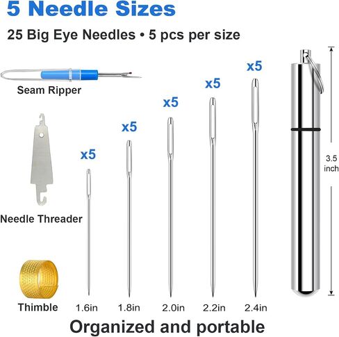 Sewing Needles, Embroidery Needles with Large Eye, 25 Pcs Hand Sewing Needle Set, Nickel-Plated High Carbon Steel with Aluminum Tube for Mending, Cross Stitch, Quilting & Crafts in Kuwait