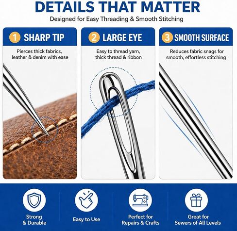 Sewing Needles, Embroidery Needles with Large Eye, 25 Pcs Hand Sewing Needle Set, Nickel-Plated High Carbon Steel with Aluminum Tube for Mending, Cross Stitch, Quilting & Crafts in Kuwait