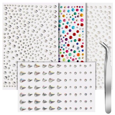 Teenitor Face Gems أحجار الراين ذاتية اللصق للوجه لمهرجانات مكياج الوجه، عصا على جواهر الشعر اللؤلؤية، ملصقات أحجار الراين اللؤلؤية للوجه والشعر والعين والمكياج والأظافر والجسم والحرف اليدوية in Kuwait