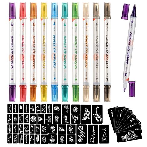 HAWINK Temporary Tattoo Markers for Skin, 10 Body Markers + 56 Large Tattoo Stencils for Kids and Adults, Dual-End Tattoo Pens Make Bold and Fine Lines with Cosmetic-Grade Temporary Tattoo Ink ZYH2208001KIT in Kuwait