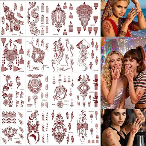 Xmasir Henna Tattoo, 12 Sheets Henna Stickers, 6pcs Red + 6pcs Black, Waterproof Henna Tattoo Stickers for Women Wedding Party (6 Red+ 6 Black) in Kuwait