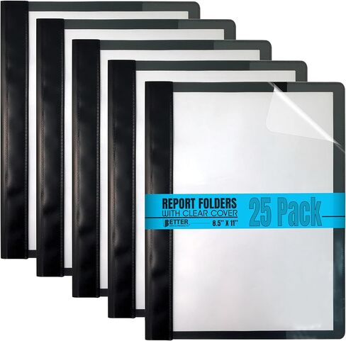 Ultra Durable Clear Front Report Covers, 25 Per Box, Letter Size, Black, Poly Back Cover, with Fasteners, Lay Flat, by Better Office Products, Box of 25 in Kuwait