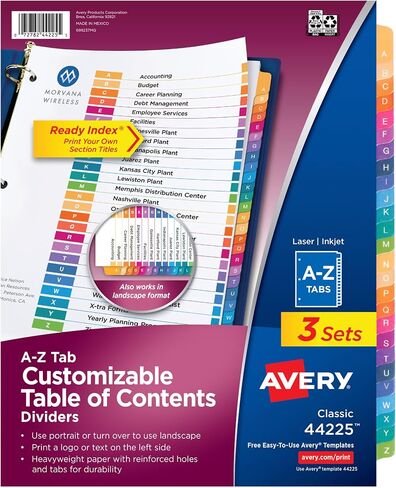 فواصل علامات التبويب Avery A-Z لـ 3 مجلدات حلقية، جدول محتويات قابل للتخصيص، علامات تبويب متعددة الألوان، مجموعة واحدة (11125) in Kuwait