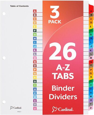 Cardinal A-Z Tab Dividers for 3 Ring Binders, Customizable Table of Contents Page with Multicolor A-Z Tabs, 3 Sets (63218) in Kuwait