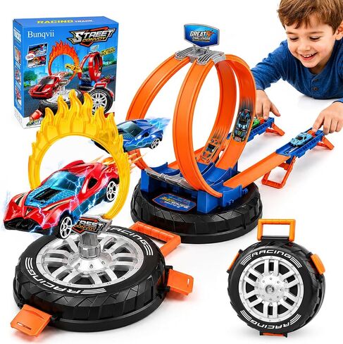 Toy Car Race Track Set for Kids, 6 Cars, Dual Launchers & 360° Loops, Red in Kuwait