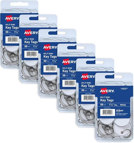 علامات مفاتيح ذات حافة معدنية من AVERY، علامة قطر 1.25 بوصة، حلقة معدنية مقسمة، أبيض، 50 بطاقة (11025) in Kuwait