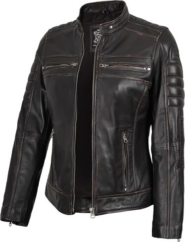 fjackets Real Leather Jacket Women - Cafe Racer Slim Fit Stand Collar Womens Motorcycle Jackets in Kuwait