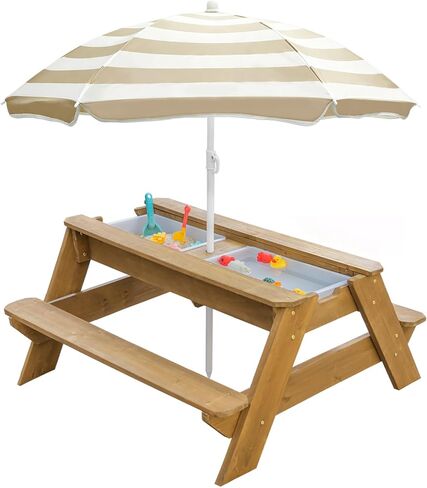 Kids 3-in-1 Sand & Water Activity Table, Wood Outdoor Convertible Picnic Table, 2 Play Boxes, Removable Top, Picnic for Outdoor (Natural/Brown) in Kuwait