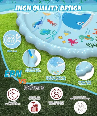 EPN Splash Pad for Kids, Large Thick PVC Sprinkler Play Mat, 102.3 Inches in Kuwait