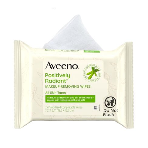 Aveeno Positively Radiant Oil-Free Makeup Removing Facial Cleansing Wipes to Help Even Skin Tone & Texture with Moisture-Rich Soy Extract, Gentle & Non-Comedogenic, 25 ct. in Kuwait
