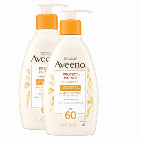 Aveeno Protect + Hydrate Moisturizing Body Sunscreen Lotion with Broad Spectrum SPF 60 & Prebiotic Oat, Weightless, Paraben-Free, Oil-Free & Oxybenzone-Free, Pump Bottle, 12.0 fl. oz in Kuwait