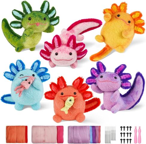 MOREJMTT Needle Felting Kit, 6 PCS Animal Needle Felting Beginner Kits, Wool Felt Needle Felting Tools Foam Pad, Craft Party Supplies for Beginners Adult(6pack Axolotl) in Saudi Arabia