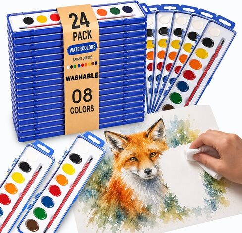 [24 PACK] Watercolor Paint Set | 8 Washable Watercolors for Kids with Brush in Kuwait