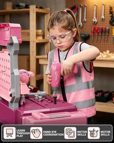 Eohemeral Pink Kids Tool Set for Girls with Power Drill in Kuwait