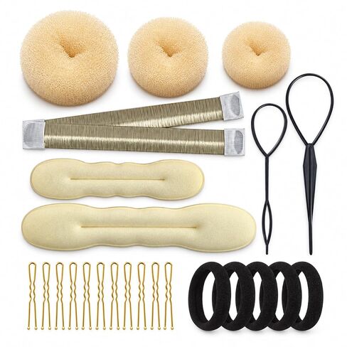 3 Pieces Hair Donut Bun Makers, 2 Pieces Foam Sponge Bun Shapers, 1 Pieces Magic French Twist Hairstyle Clip,2 Snap Bun Makers,10 pieces Hair Elastic Bands, 20 pieces Hair Pins (Blonde) in Kuwait