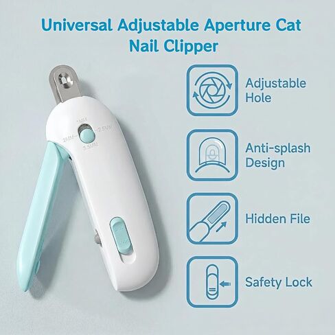 Adjustable Cat Nail Clippers with Safety Guard & Hidden File, Splash-Proof Trimmer for Kittens & Indoor Cats, Painless Blue Claw Scissors in Kuwait