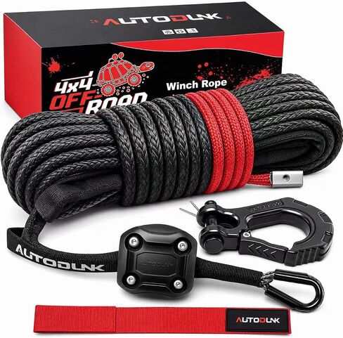 Synthetic Winch Rope Cable Kit 1/4" x 50 ft 9500Lbs Black Winch Rope Line with Protective Sleeve+Rubber Stopper+Winch Hook+Safety Pull Strap for ATV UTV SUV in Kuwait