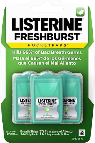 Listerine Freshburst Pocketpaks Breath Strips, Dissolving Breath Freshener Strips Kill 99% of Germs that Cause Bad Breath, Portable for On-the-Go, Minty Flavor, 3 packs of 24-strips Each in Kuwait