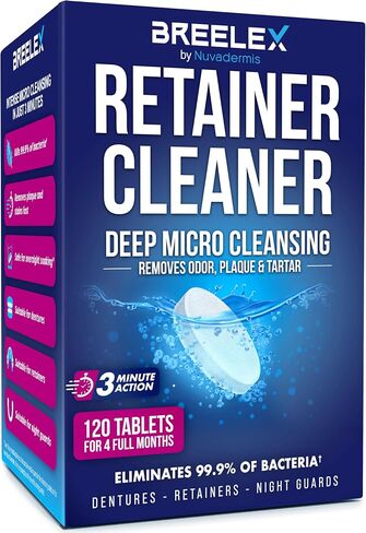 Denture Cleaning Tablets - Retainer Cleaner for Aligner, Mouth & Night Guard - 120 Pack, 4 Month Supply - Dental Cleanser for Nightguards & Mouthguards - Fresh in 3 Minutes - Removes Odor & Plaque in Kuwait