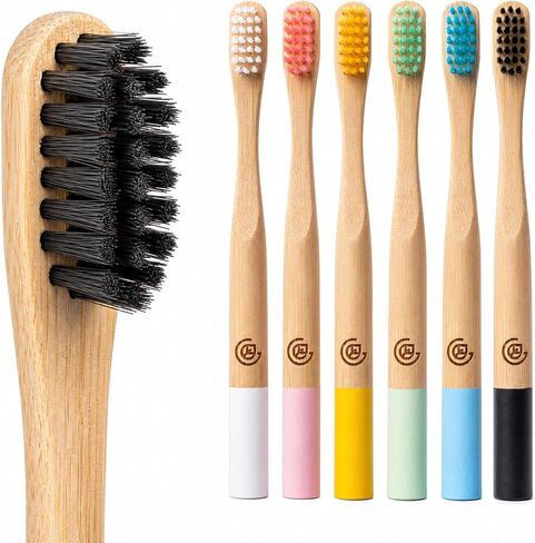 GREENZLA Kids Bamboo Toothbrushes (6 Pack) BPA Free Soft Bristles Eco-Friendly, Natural Toothbrush Set Biodegradable & Compostable Charcoal Wooden in Kuwait