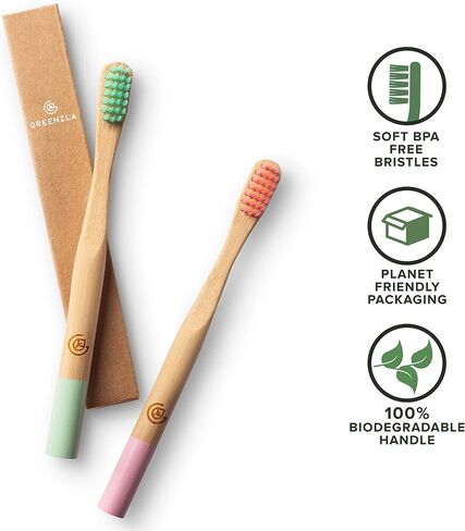 GREENZLA Kids Bamboo Toothbrushes (6 Pack) BPA Free Soft Bristles Eco-Friendly, Natural Toothbrush Set Biodegradable & Compostable Charcoal Wooden in Kuwait