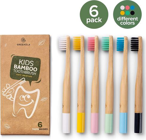 GREENZLA Kids Bamboo Toothbrushes (6 Pack) BPA Free Soft Bristles Eco-Friendly, Natural Toothbrush Set Biodegradable & Compostable Charcoal Wooden in Kuwait