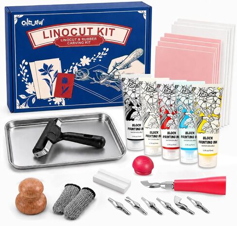 Linocut Printing Kit with Tools, 4 Carving Blocks & 5x75ml Black Print Ink in Saudi Arabia