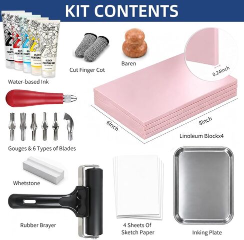 Linocut Printing Kit with Tools, 4 Carving Blocks & 5x75ml Black Print Ink in Saudi Arabia