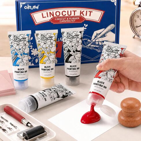 Linocut Printing Kit with Tools, 4 Carving Blocks & 5x75ml Black Print Ink in Saudi Arabia