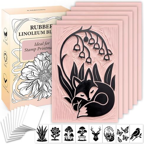 Rubber Linoleum Blocks for Printmaking, 6pcs Linocut Blocks with 8 Stencils and 10 Transfer Papers, Linocut Kit for Printing and Stamp Making DIY Art Craft in Saudi Arabia