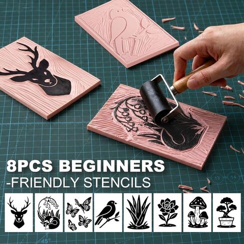 Rubber Linoleum Blocks for Printmaking, 6pcs Linocut Blocks with 8 Stencils and 10 Transfer Papers, Linocut Kit for Printing and Stamp Making DIY Art Craft in Saudi Arabia