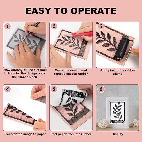 Rubber Linoleum Blocks for Printmaking, 6pcs Linocut Blocks with 8 Stencils and 10 Transfer Papers, Linocut Kit for Printing and Stamp Making DIY Art Craft in Saudi Arabia