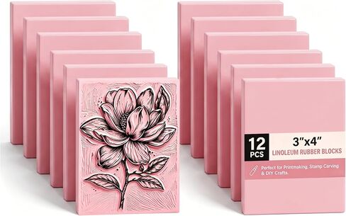 Linoleum Rubber Linocut Blocks 12-Pack 3x4in Printmaking Stamp Carving Premium printmaking Supplies: 12-Pack Soft 3x4in Pink Rubber Linoleum Blocks. Easy Carve Block Printing, Stamp Carving in Saudi Arabia