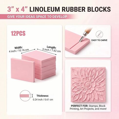 Linoleum Rubber Linocut Blocks 12-Pack 3x4in Printmaking Stamp Carving Premium printmaking Supplies: 12-Pack Soft 3x4in Pink Rubber Linoleum Blocks. Easy Carve Block Printing, Stamp Carving in Saudi Arabia