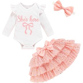 Newborn Baby Girl Outfits Infant Letter Print Romper+Tutu Skirt+Headband+Legging Warmer Coming Home Clothes Set in Saudi Arabia