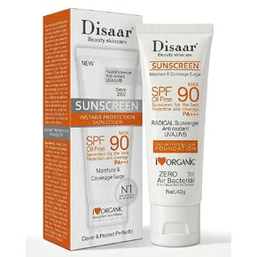 كريم أساس DISAAR BEAUTY SPF 90 للحماية الفورية من الأشعة فوق البنفسجية فئة A والأشعة فوق البنفسجية فئة B، غطاء واقي من الشمس خالٍ من الزيوت يحمي بشكل مثالي، تغطية مرطبة بشكل مثالي، 40 جم in Kuwait