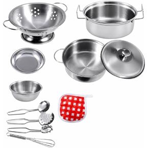 11 Pieces Play Pots and Pans Set | Realistic Shiny Silver Finish, Toy Cookware Set with Storage Pouch, Stainless Steel, for Daycare in Saudi Arabia