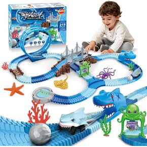 VATOS Track Toys 183 Pcs Shark Race Car Toys for Boys Girls 3 4 5 6 7 9 Year, Bendable Flexible Racetrack Cars with Shark & Ball, Ocean Theme Train Toys, STEM Educational Playset Birthday Gift in Kuwait